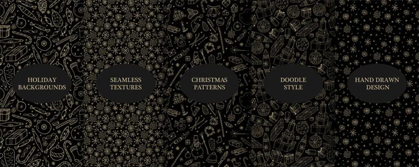 Set van vector naadloze kerst patronen - met de hand getekend ontwerp. Stijlvolle zwarte tekening texturen. Vakantie eindeloze achtergronden in doodle stijl — Stockvector