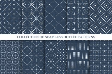Collection of vector seamless dotted patterns - blue geometric elegant design. Minimalistic stylish prints. Trendy ornamental backgrounds