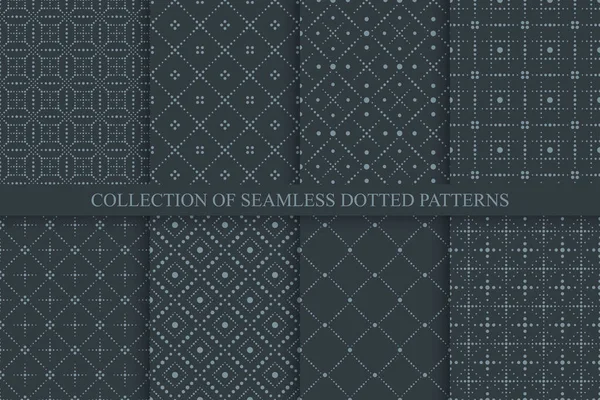 Collection of vector seamless dotted patterns - dark geometric elegant design. Minimalistic stylish prints. Black trendy ornamental backgrounds — Vetor de Stock