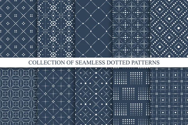 Collection of vector seamless dotted patterns - blue geometric elegant design. Minimalistic stylish prints. Trendy ornamental backgrounds — Vetor de Stock