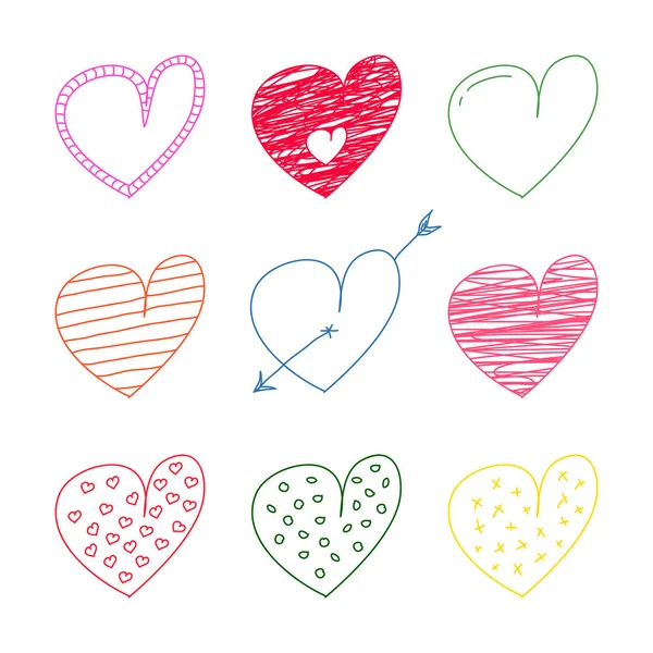 Collection of colorful vector hearts icons in doodle style - drawing creative design. Cute vector painting symbols — Vetor de Stock