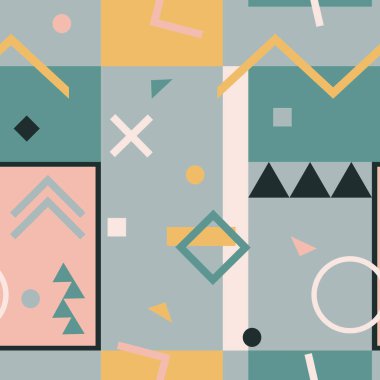 Geometrik şekilli vektörsüz soyut motif. Renkli, klasik, sonsuz arka plan. Retro moda tasarımı 80-90
