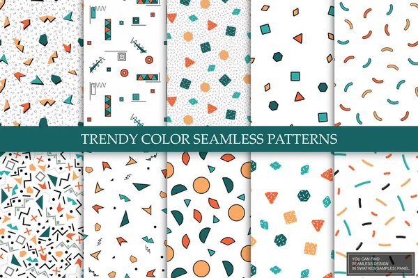 Sammlung von Vektorfarben nahtlosen Mustern. Trendy helle Hintergründe mit geometrischen Mosaikformen, Modestil 80 - 90er Jahre — Stockvektor