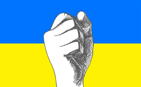 Ukraina flagga bakgrund med ritning rised knytnäve hand. Symbol för strid och protest. Blå och gul färg. Ukraina begreppet konfrontation — Stock vektor