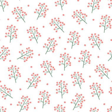 Renkli, dikişsiz çiçek desenli. Elle çizilmiş narin bir tasarım. Dalları olan tekrarlanabilir beyaz arka plan. Botanik bahar sonu olmayan baskısı. Vektör illüstrasyonu
