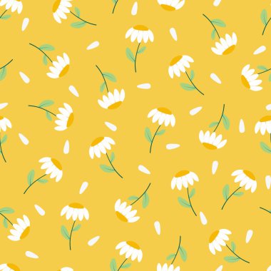 Renksiz, çiçek desenli, el çizimi moda tasarımı. Sarı arka plan ve papatya çayı. Sonsuz yaz baskısı. Vektör illüstrasyonu