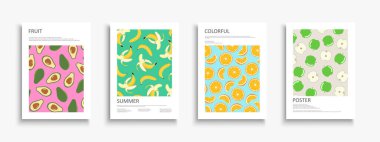 Set of colorful summer posters, templates, backgrounds placards, brochures, banners, flyers and etc. Bright fruits covers. Vibrant tropical prints