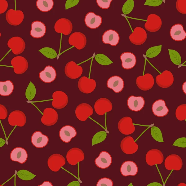 Seamless fruit pattern - hand drawn cartoon design. Repeatable red background with cherries. Trendy summer endless print. Vector illustration — Vetor de Stock