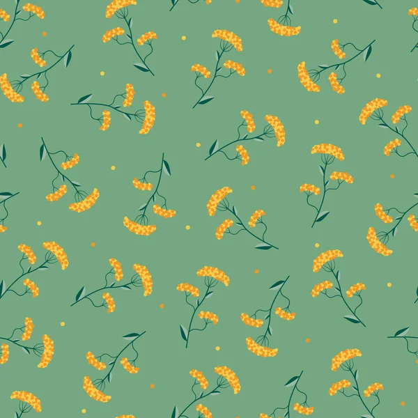 Printemps motif floral sans couture - dessin à la main. Fond vintage vert avec des fleurs jaunes. Printemps botanique impression sans fin Illustration vectorielle — Image vectorielle