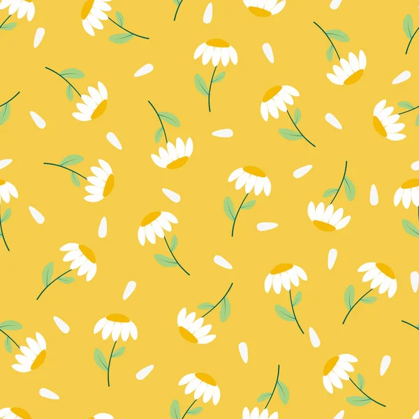 Colorful seamless floral pattern - hand drawn trendy design. Delicate yellow background with chamomile. Summer endless print. Vector illustration — Image vectorielle