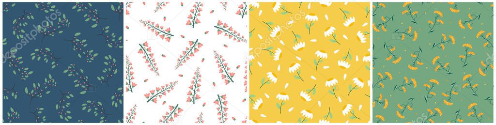 Set of colorful seamless floral patterns - hand drawn design. Repeatable suumer backgrounds with branches and flowers. Textile endless prints. Vector illustration.