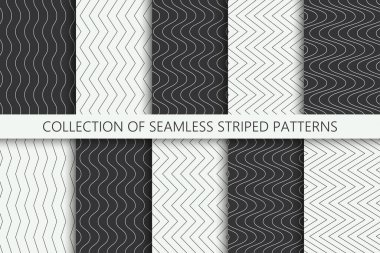 Collection of monochrome seamless striped patterns. Black and white paper linear zigzag, wave textures. Minimalistic textile prints.