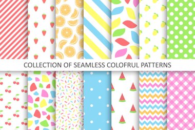 Collection of bright colorful seamless patterns - summer design. Cute endless prints. Repeatable unusual backgrounds.