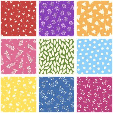 Set of colorful seamless floral patterns - hand drawn design. Repeatable spring nature backgrounds with branches and flowers. Textile endless prints. Vector illustration.