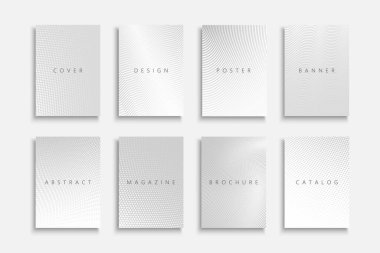 Collection of white and gray halftone covers, templates, backgrounds, placards, brochures, banners, flyers and etc. Abstract striped and dotted posters, cards, presentation. Minimalistic design.