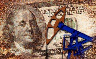 Petrol pompasının arka plandaki dolar banknotlarına yakın plan. 