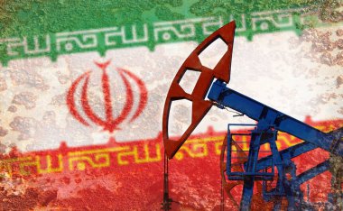 İran bayrağının arka planındaki petrol pompasına yakın plan 