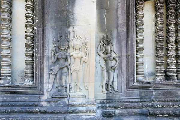 Крупным Планом Текстура Каменной Резьбы Древних Барельефов Храма Ангкор Ват — стоковое фото