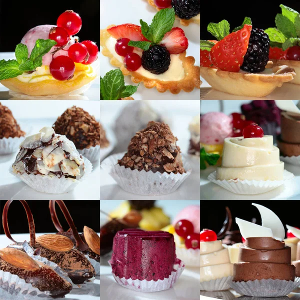 Collage Cerca Nueve Imágenes Exquisitos Postres Hechos Con Chocolate Nueces — Foto de Stock