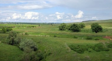 Yaz manzarası Çayırların üzerinde bulutlu gökyüzü