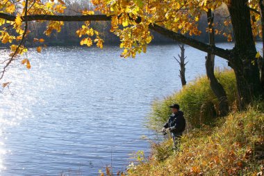 Nehirdeki peyzaj balıkçıları sonbahar güneşli bir günde balığa yem oluyor.