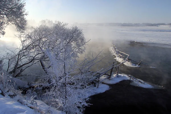 Landscape Winter Morning River Zai — Stock Photo, Image