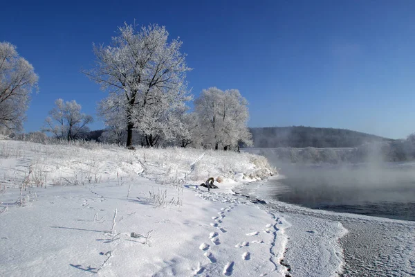Winter Landscape Frosty Day River Zai — Stock Photo, Image