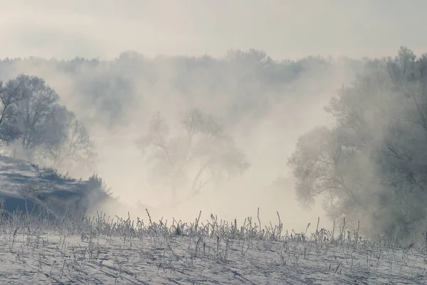 Winter Landscape Misty Morning River Zai — Stock Photo, Image