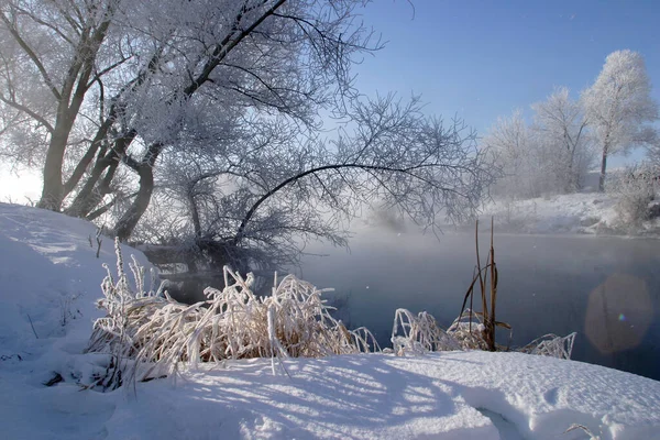 Vinter Landskap Dimmig Morgon Floden Zai — Stockfoto