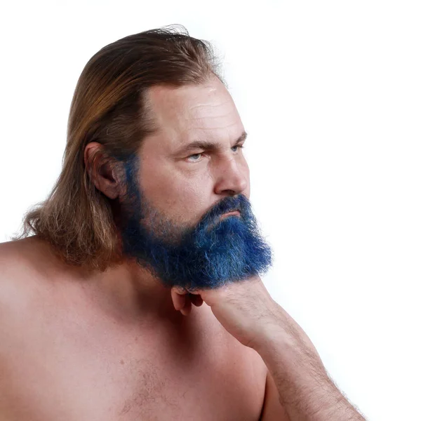 Nahaufnahme Porträt Eines Erwachsenen Mannes Mit Langen Haaren Blauem Bart — Stockfoto