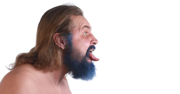 Ritratto Ravvicinato Maschio Adulto Con Capelli Lunghi Barba Blu Busto — Foto Stock