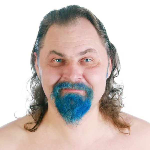 Close Portrait Adult Male Long Hair Blue Beard Naked Torso — Stock Photo, Image