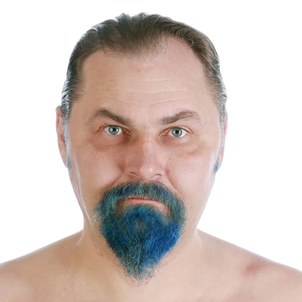 Close Portrait Adult Male Long Hair Blue Beard Naked Torso — Stock Photo, Image