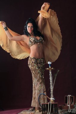 Burgonya arka planında dans eden doğulu kızın portresi dikey