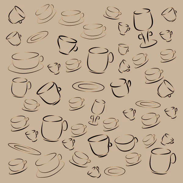Ensemble de tasses et soucoupes grains de café. vecteur — Image vectorielle