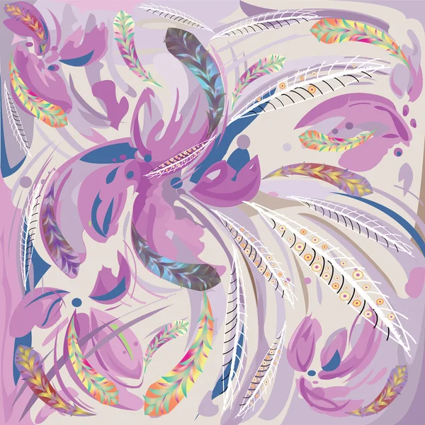 Абстрактная композиция с лиловыми цветами и перьями — стоковый вектор