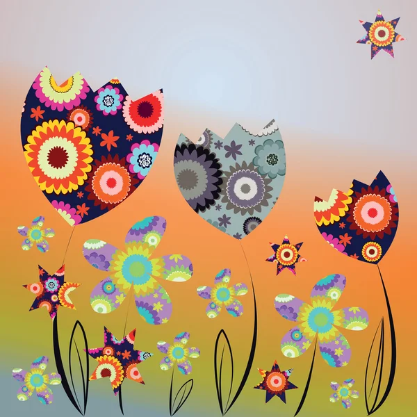 Dekoratif kartı soyut laleler ve papatyalar