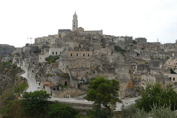 Panorama Van Matera Vanaf Colombo Uitkijkpunt Sasso Barisano Canyon Uitgehouwen — Stockfoto