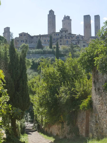 Panorama Las Torres Del Casco Antiguo San Gimignano Desde Sendero — Foto de Stock