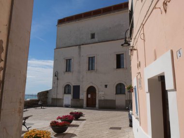 Termoli 'deki Swabian Kalesi' nin duvarları boyunca denize bakan renkli çiçekleri ve balkonu olan Bisceglie Meydanı.