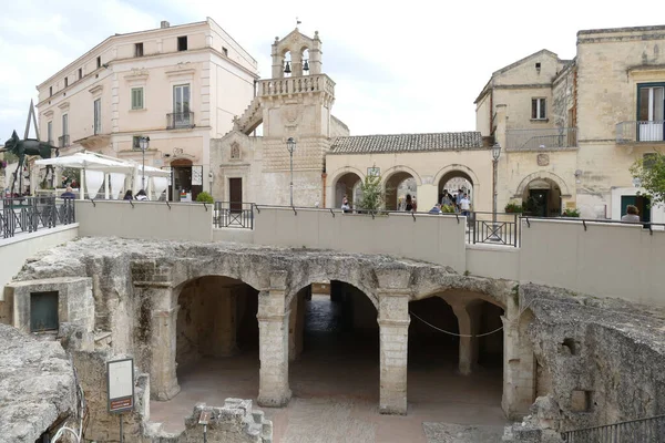 Exterior Palombaro Staircase Descends Arches Rock Vittorio Veneto Square Matera — Stock Photo, Image