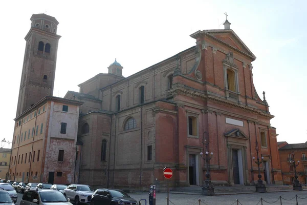 San Cassiano Cathedral Imola Facade Made Red Bricks Bell Tower — Stock Photo, Image