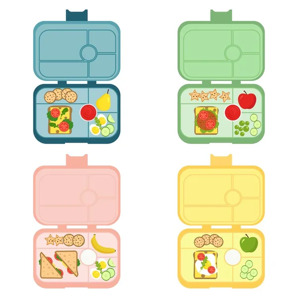 Een Set Lunchdozen Kinderbakjes Met Broodjes Fruit Andere Voedingsmiddelen Bewaren — Stockvector