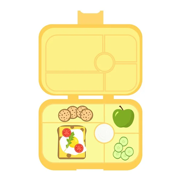 Lunchbox Maaltijdcontainer Met Broodje Peer Eieren Ketchup Koken Schoolmaaltijd Kinderlunch — Stockvector