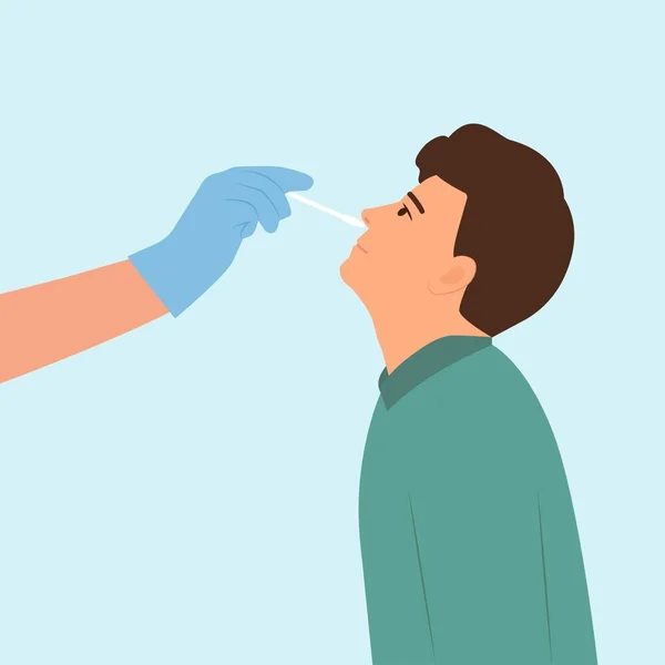 Kovid19 koronavirüs ya da tıbbi personel, doktor ya da hemşire tarafından DNA testi yapılan bir adam. PCR testi, grip kontrolü, burun temizleme testi, grip teşhisi. Düz Vektör İllüstrasyonu.