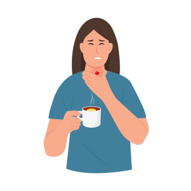 Boğazı ağrıyan üzgün bir kadın. Grip ya da virüs enfeksiyonu belirtisi. Boğaz. Sıcak bir fincan limonlu çay midemi bulandırıyor. Boğazı ağrıyan kadın. Düz vektör illüstrasyonu 