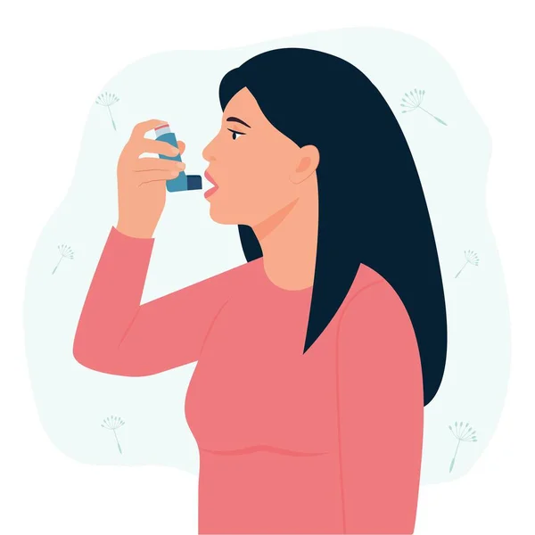 Kobieta Używa Inhalatora Przeciw Atakowi Astmy Światowy Dzień Astmy Alergia — Wektor stockowy