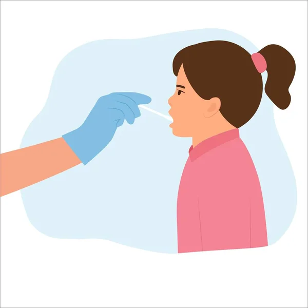 Doktor klinikteki küçük kızdan DNA testi için tükürük örneği alıyor. Ağız tükürüğü testi için swab.Vector illüstrasyonunu kullanıyor.