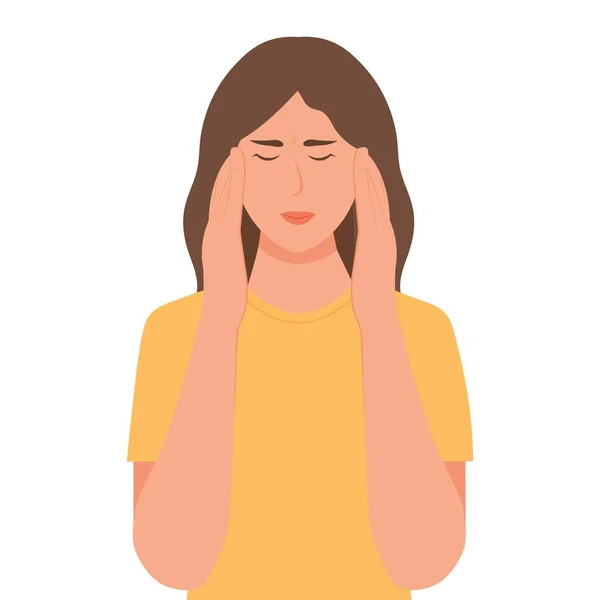 Sakit Kepala Wanita Muda Menderita Migrain Memegang Kepala Dengan Tangan - Stok Vektor