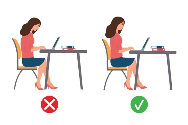 Postura Sentada Correta Incorreta Laptop Mulher Negócios Mesa Trabalhando Escritório — Vetor de Stock
